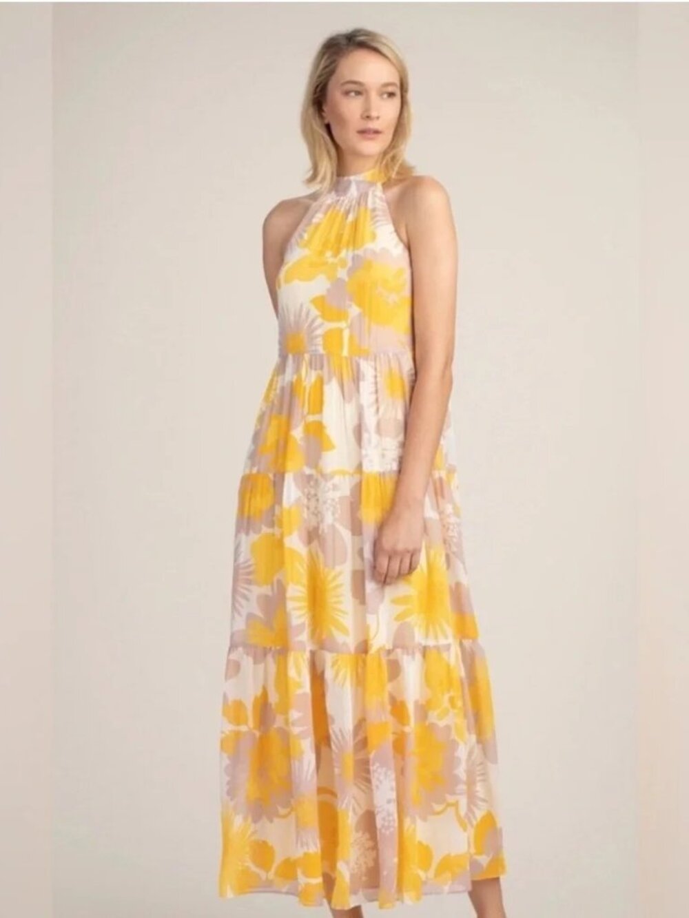 Trina Turk Sunglasses Maxi High Neck Sleeveless Tiered Dress Yellow Floral